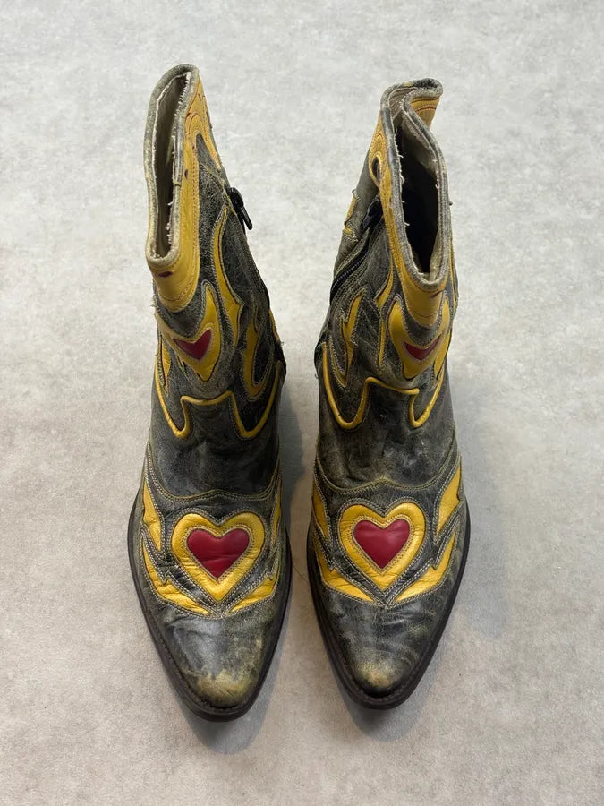 Roberto Cavalli Grey Leather Embroidered Heart Santiags Western Boots fAUkRNi 1
