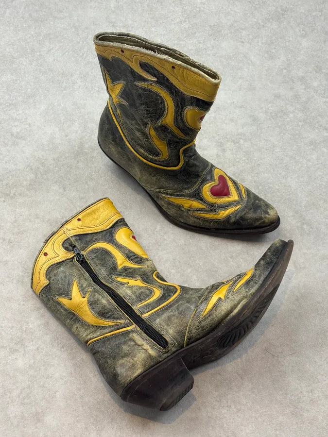 Roberto Cavalli Grey Leather Embroidered Heart Santiags Western Boots fAUkRNi 4