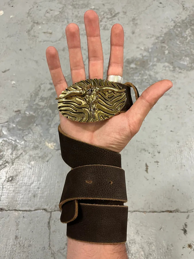 Roberto Cavalli Brown Leather Gold Bull Buckle Belt (OS) KVQbnyH 0