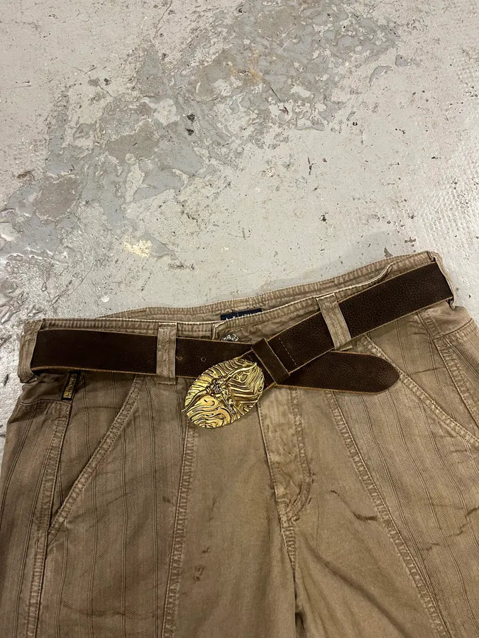 Roberto Cavalli Brown Leather Gold Bull Buckle Belt (OS) KVQbnyH 1