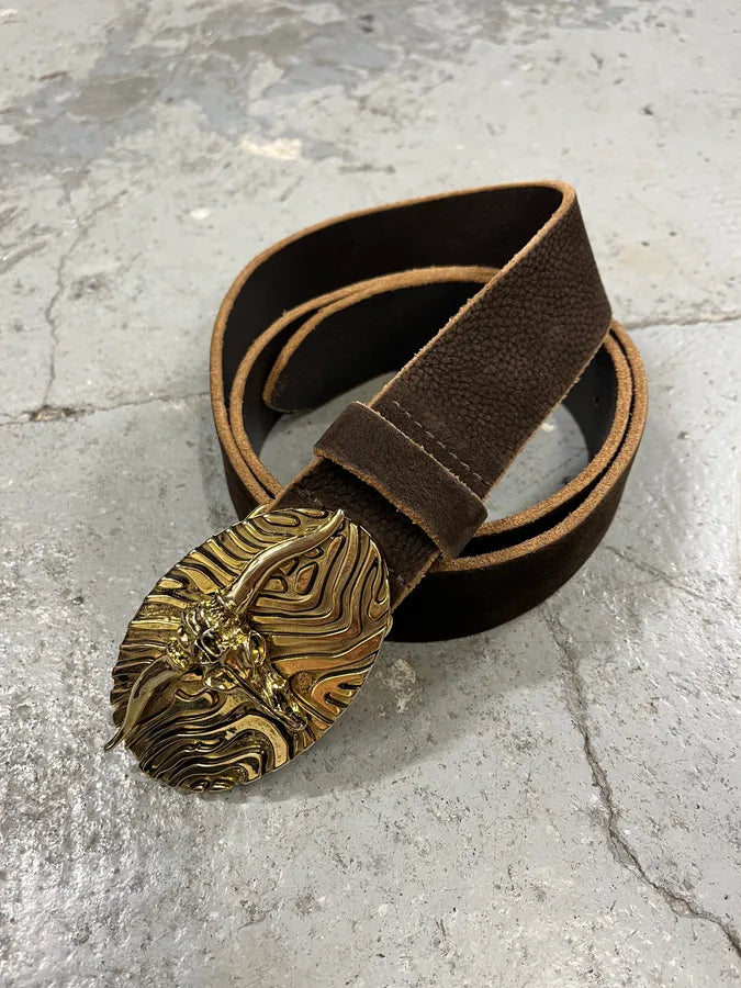 Roberto Cavalli Brown Leather Gold Bull Buckle Belt (OS) KVQbnyH 3
