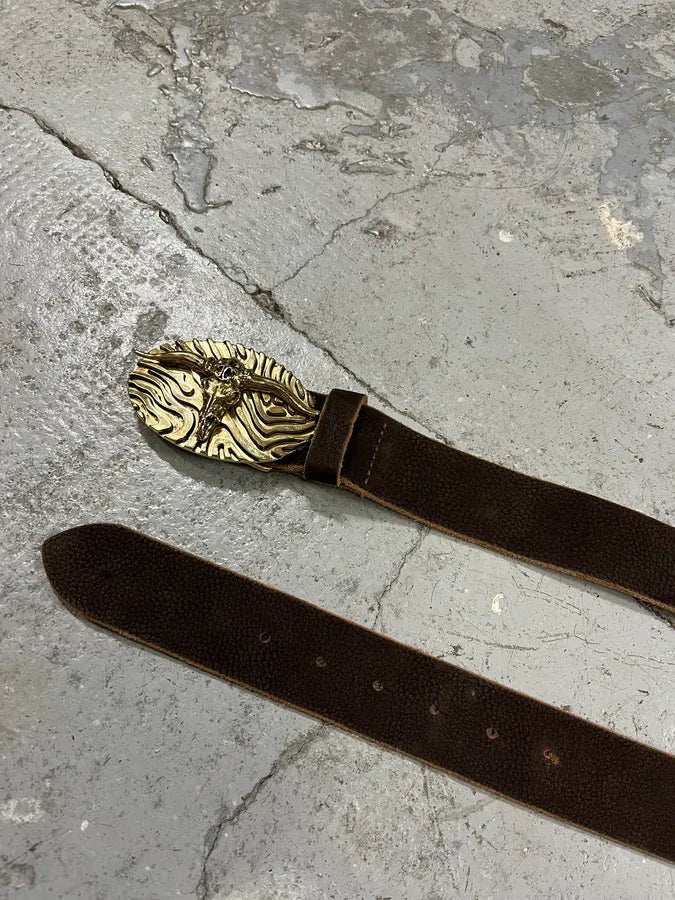 Roberto Cavalli Brown Leather Gold Bull Buckle Belt KVQbnyH 4
