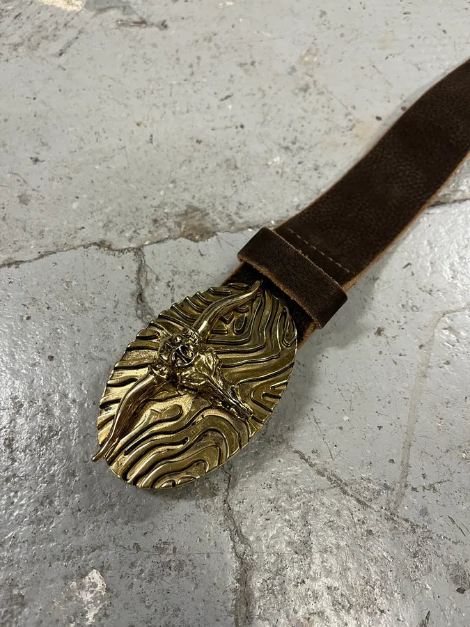 Roberto Cavalli Brown Leather Gold Bull Buckle Belt (OS) KVQbnyH 5