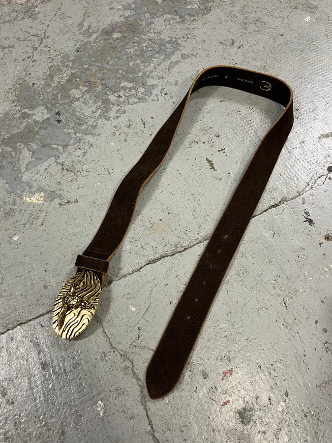 Roberto Cavalli Brown Leather Gold Bull Buckle Belt (OS) KVQbnyH 6