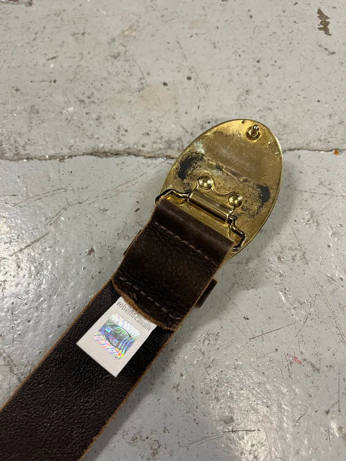 Roberto Cavalli Brown Leather Gold Bull Buckle Belt (OS) KVQbnyH 8