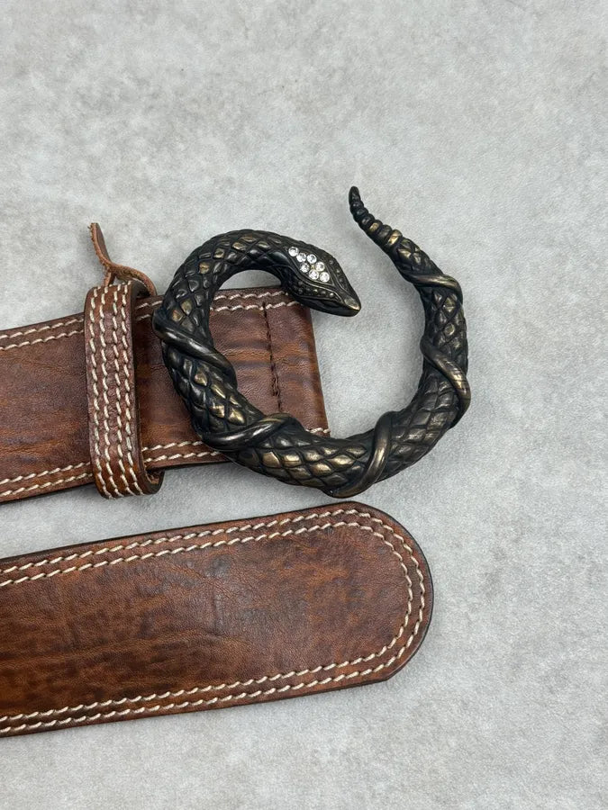 2010s Roberto Cavalli Brown Leather Studded Snake Buckle Belt xRyLpMC 3