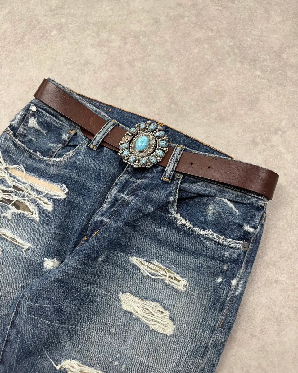 Roberto Cavalli Brown Leather Turquoise Cabochon Buckle Belt HfIFxBZ 0