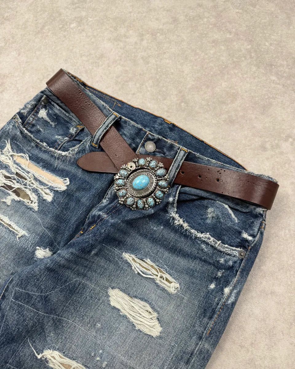 Roberto Cavalli Brown Leather Turquoise Cabochon Buckle Belt HfIFxBZ 1