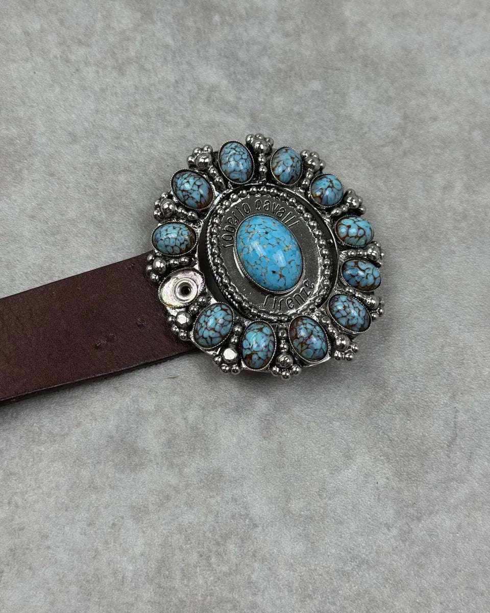 Roberto Cavalli Brown Leather Turquoise Cabochon Buckle Belt HfIFxBZ 3