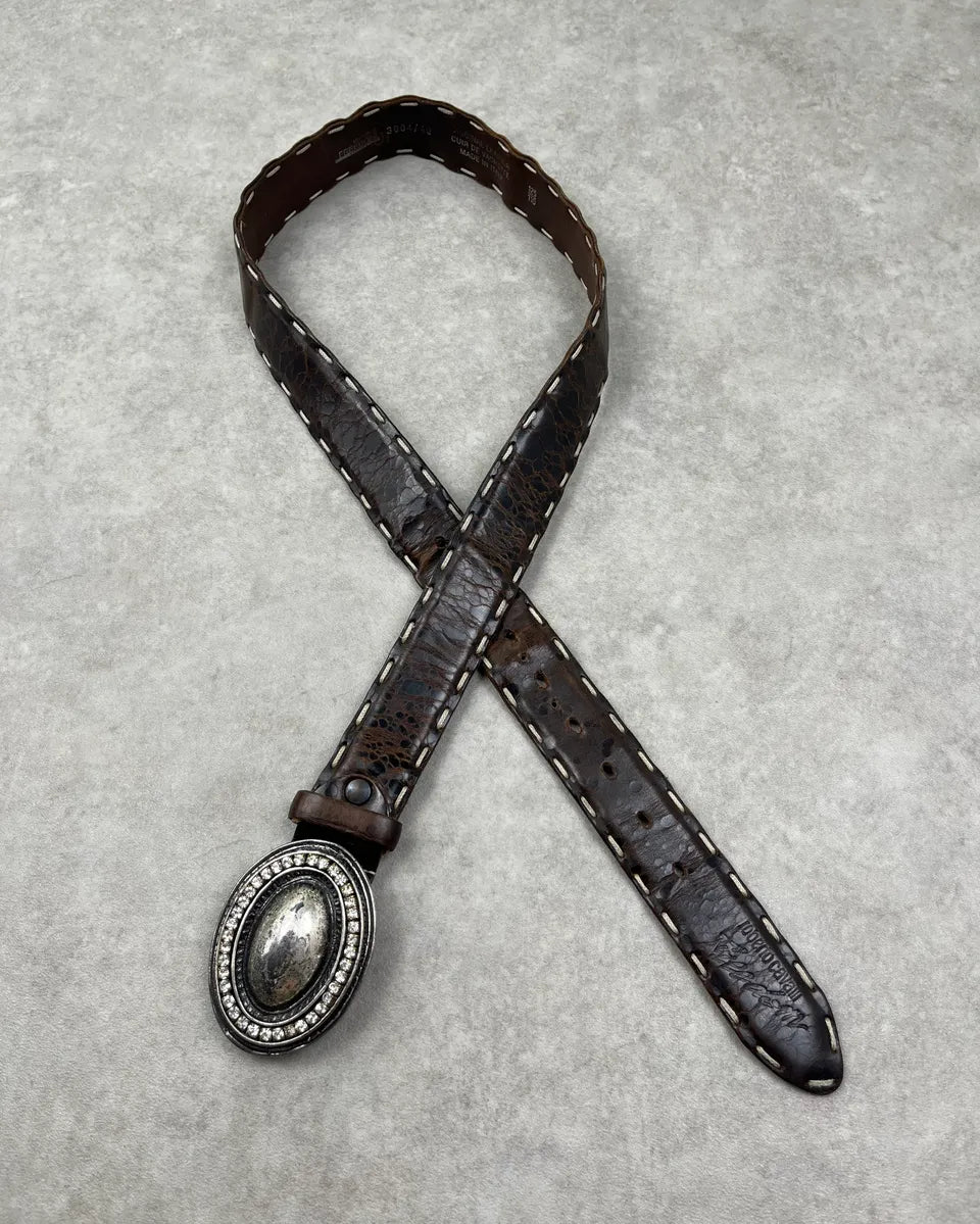 Roberto Cavalli Brown Leather Western Crackle Belt cIxOZAW 0