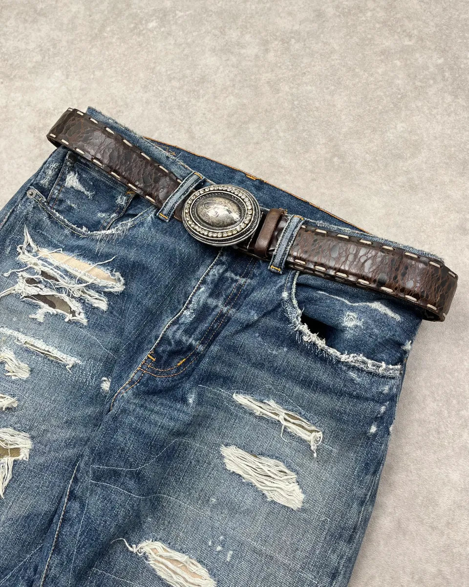 Roberto Cavalli Brown Leather Western Crackle Belt cIxOZAW 1