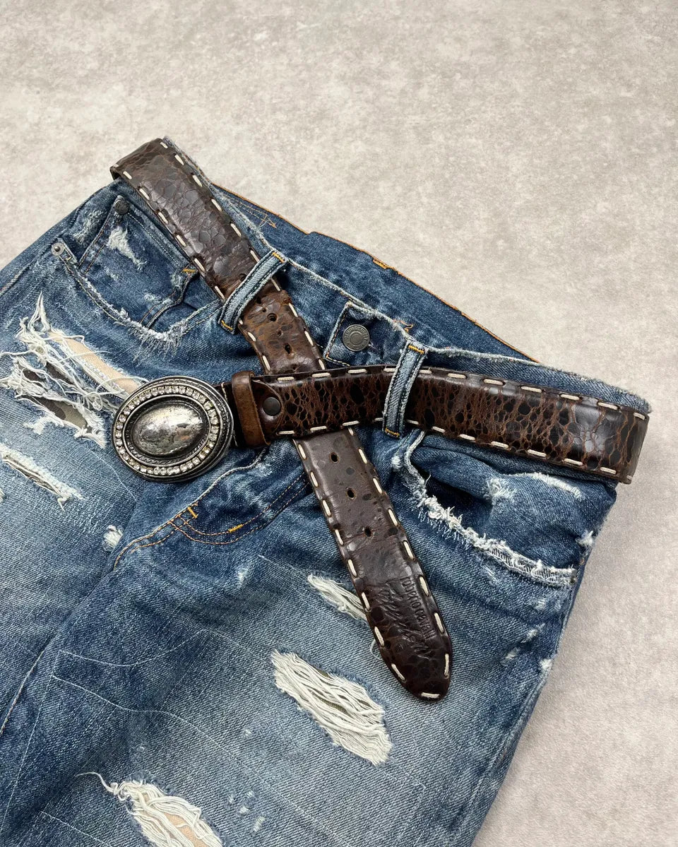 Roberto Cavalli Brown Leather Western Crackle Belt cIxOZAW 2