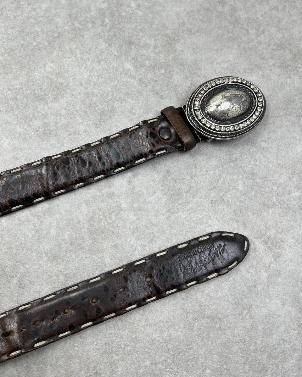 Roberto Cavalli Brown Leather Western Crackle Belt cIxOZAW 3