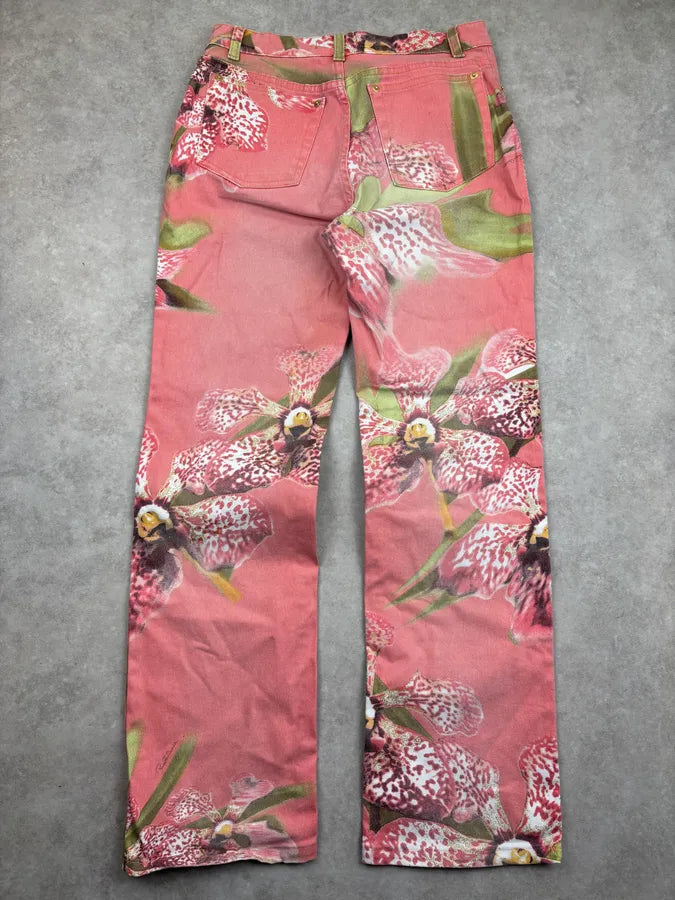 SS2004 Roberto Cavalli Coral Pink Orchid Floral Pants HvxVxEB 5