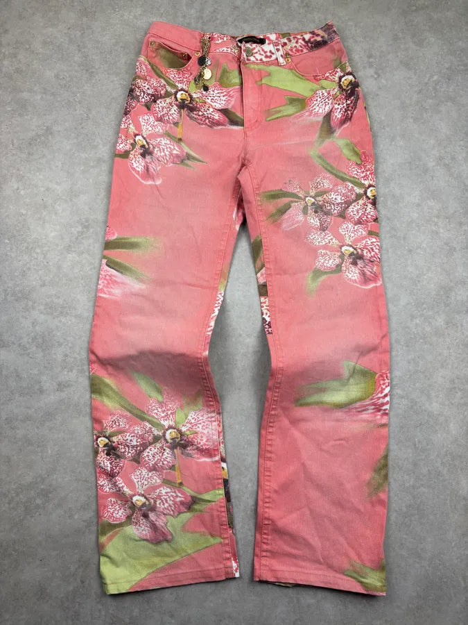 SS2004 Roberto Cavalli Coral Pink Orchid Floral Pants HvxVxEB 0