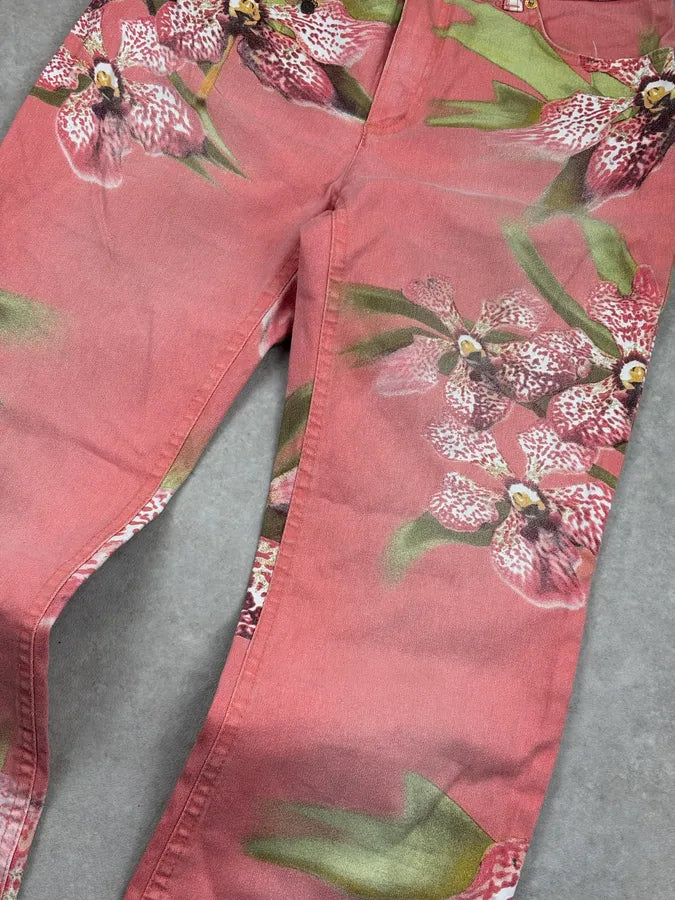 SS2004 Roberto Cavalli Coral Pink Orchid Floral Pants HvxVxEB 9