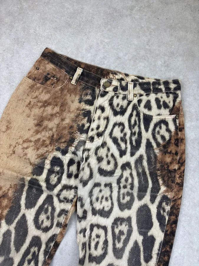 AW2001 Roberto Cavalli Cream Denim Leopard Print Jeans pZAuJBL 4