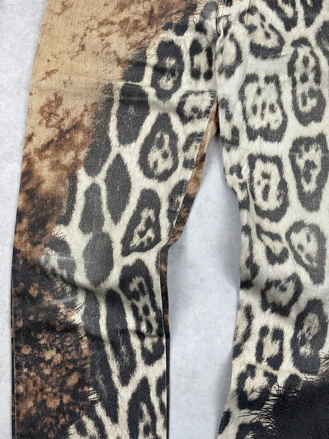 AW2001 Roberto Cavalli Cream Denim Leopard Print Jeans pZAuJBL 9