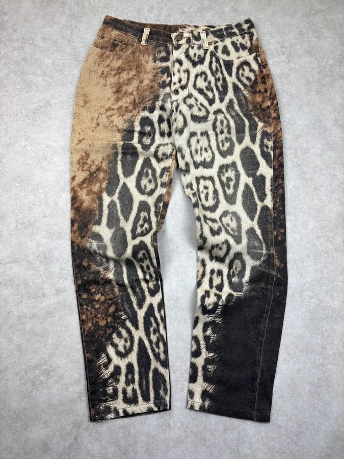 AW2001 Roberto Cavalli Cream Denim Leopard Print Jeans pZAuJBL 0