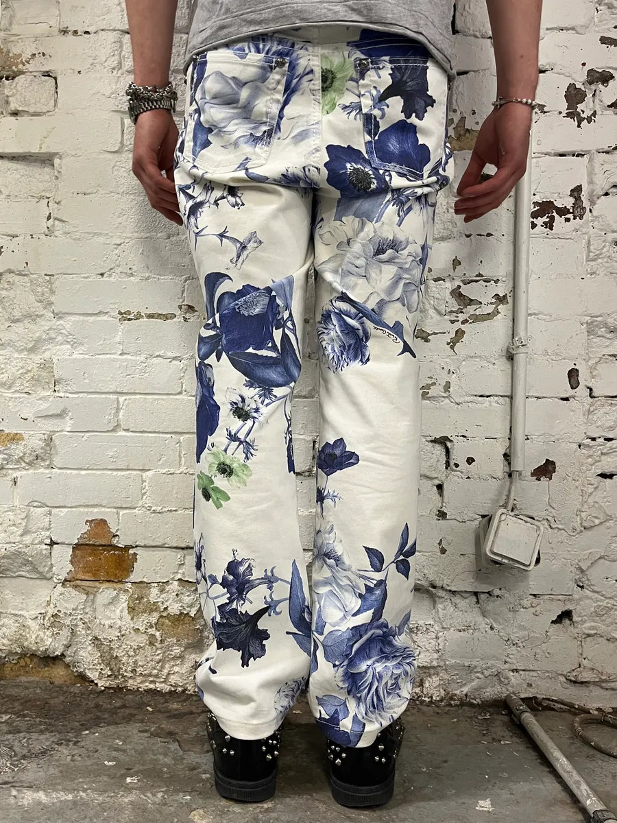 AW2005 Roberto Cavalli White Blue Floral Pants HvQpNJS 3