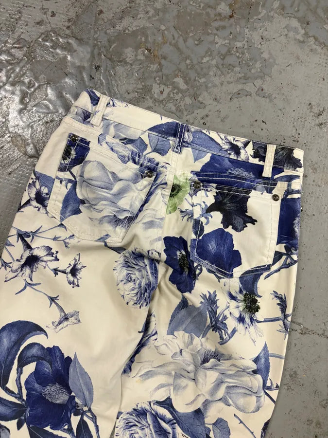 AW2005 Roberto Cavalli White Blue Floral Pants HvQpNJS 6