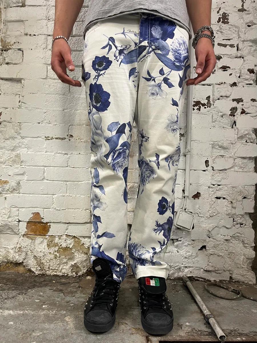 AW2005 Roberto Cavalli White Blue Floral Pants HvQpNJS 1