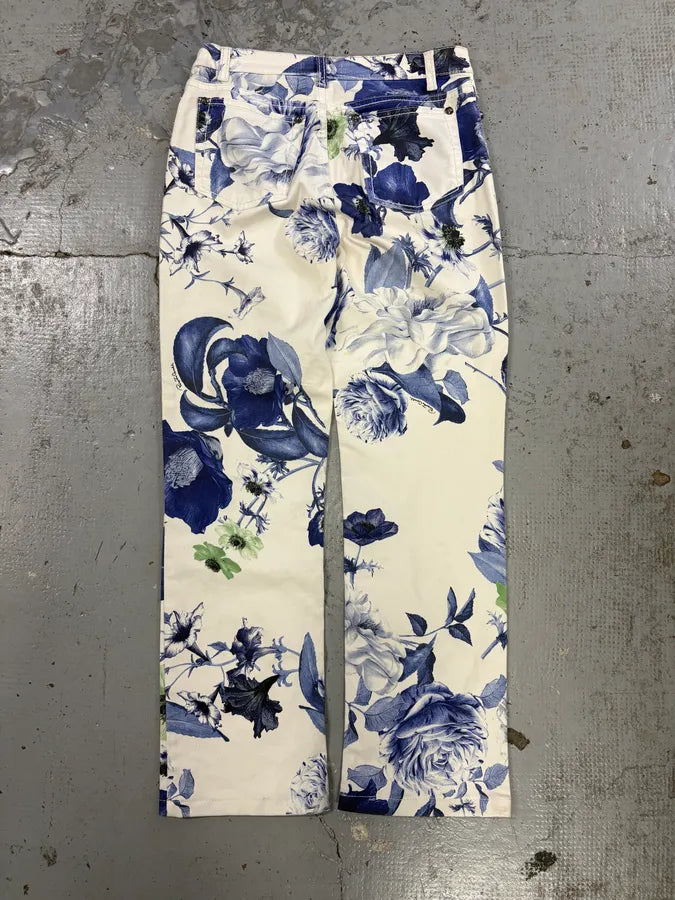 AW2005 Roberto Cavalli White Blue Floral Pants HvQpNJS 5