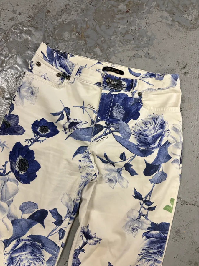 AW2005 Roberto Cavalli White Blue Floral Pants HvQpNJS 4