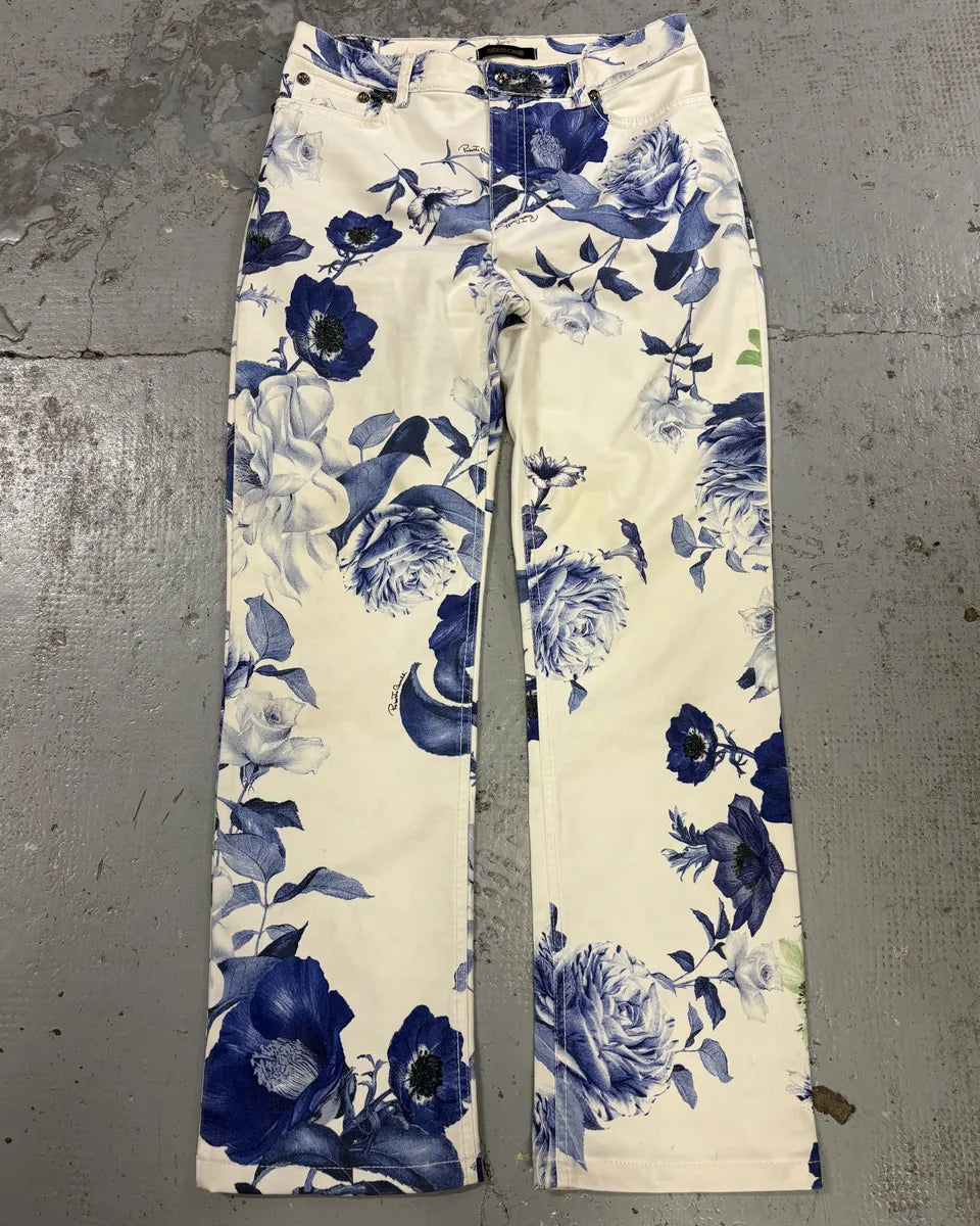 AW2005 Roberto Cavalli White Blue Floral Pants HvQpNJS 0