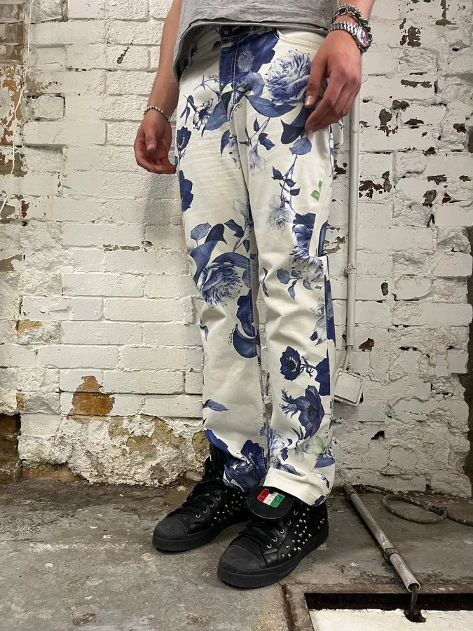 AW2005 Roberto Cavalli White Blue Floral Pants HvQpNJS 2