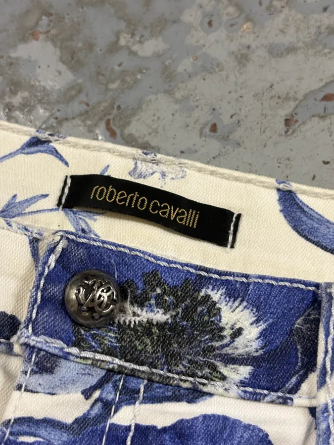 AW2005 Roberto Cavalli White Blue Floral Pants HvQpNJS 7