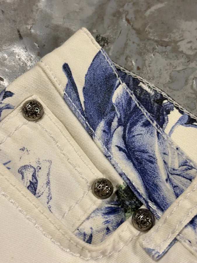 AW2005 Roberto Cavalli White Blue Floral Pants HvQpNJS 8