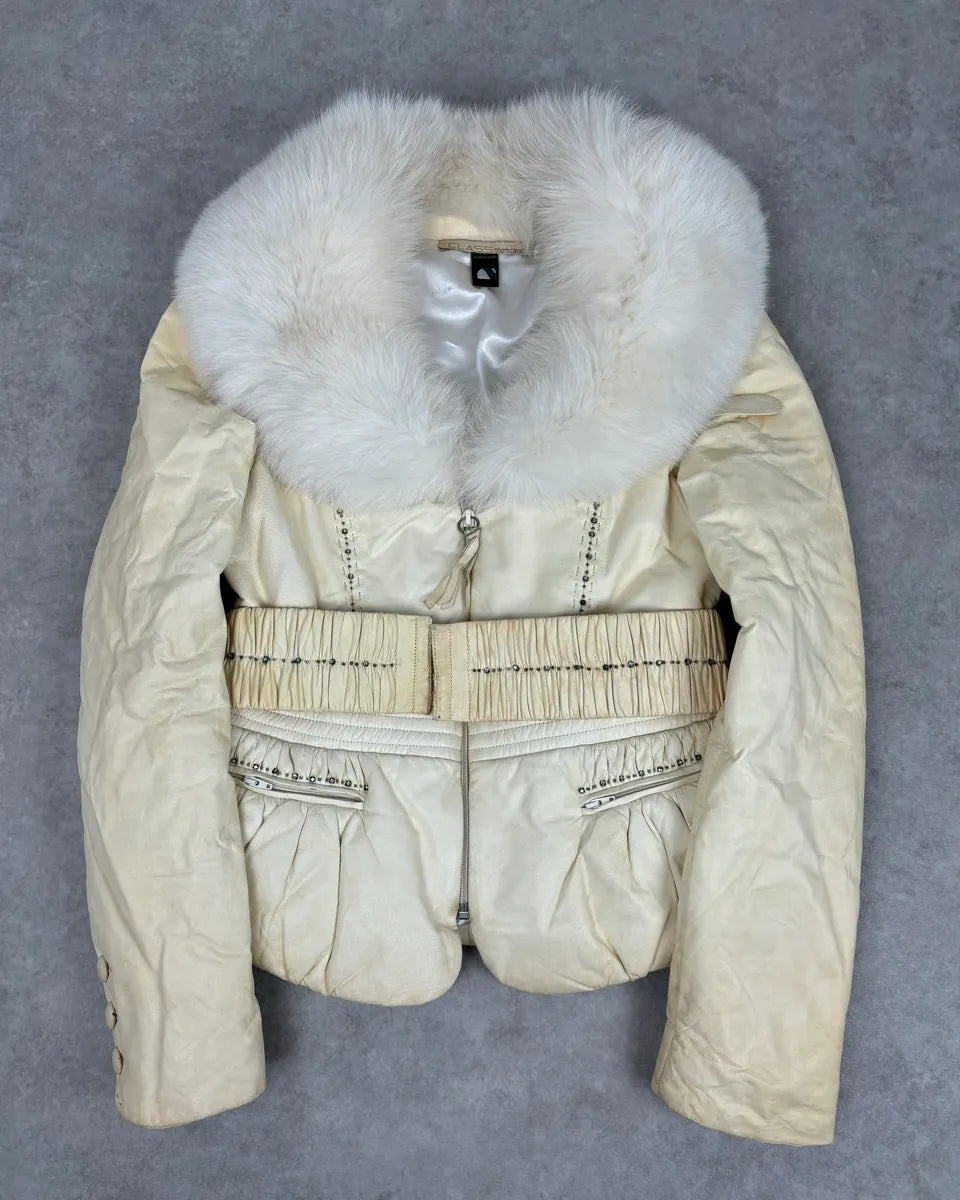 Roberto Cavalli Cream Fur Collar  Leather Jacket tggwrIY 0