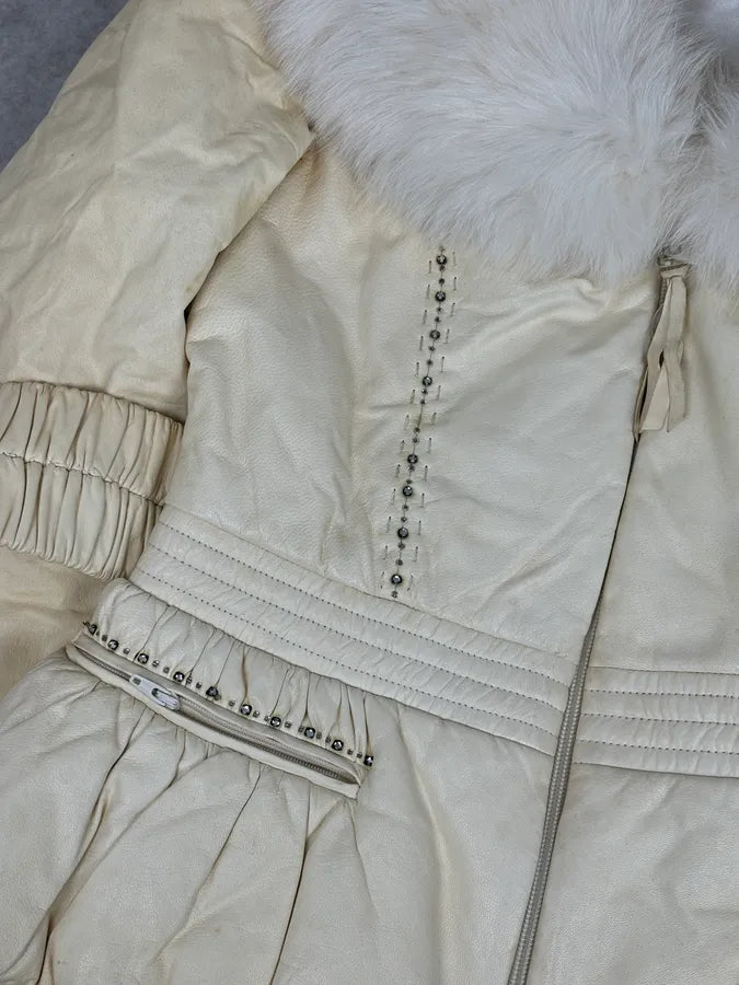 Roberto Cavalli Cream Fur Collar  Leather Jacket tggwrIY 9