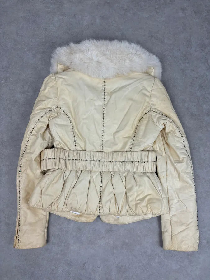 Roberto Cavalli Cream Fur Collar  Leather Jacket tggwrIY 4