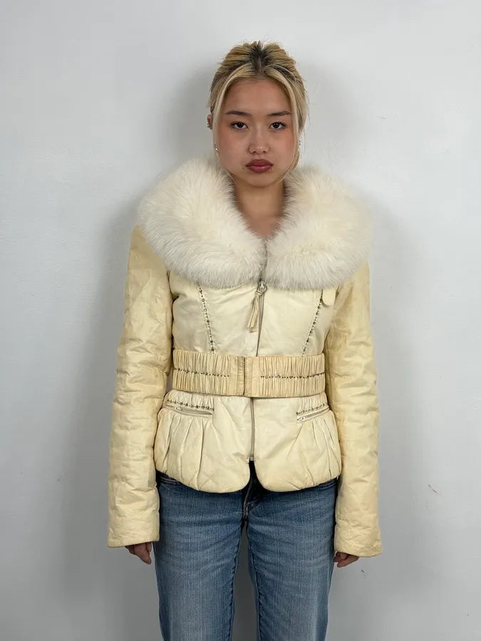 Roberto Cavalli Cream Fur Collar  Leather Jacket tggwrIY 1