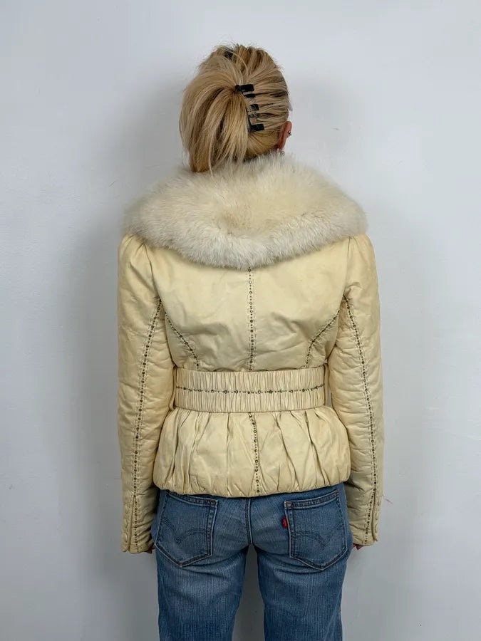 Roberto Cavalli Cream Fur Collar  Leather Jacket tggwrIY 2