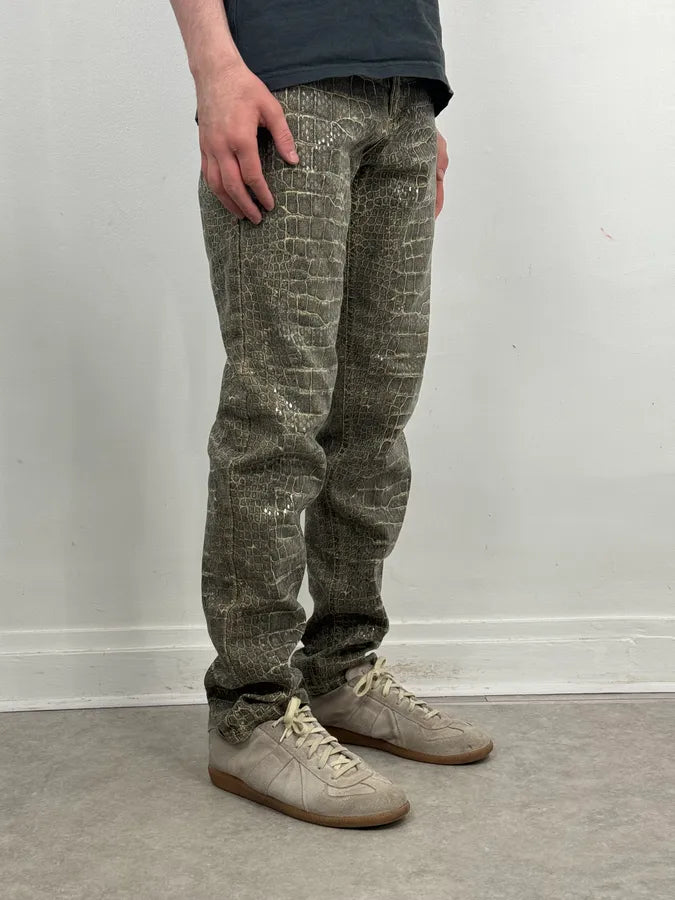 AW1999 Roberto Cavalli Crocodile Effect Glitters Grey Pants itJUQbM 2