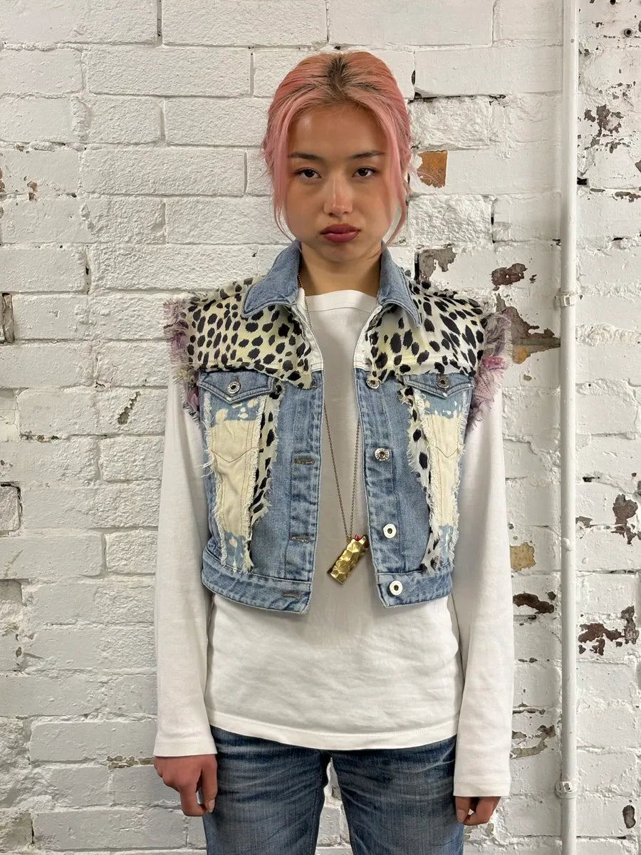 Roberto Cavalli Crop Leopard Distressed Light Blue Denim Vest tGDmZbj 0