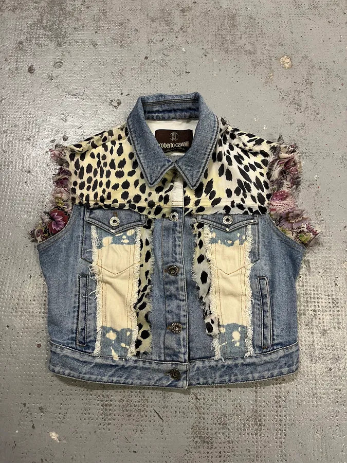 Roberto Cavalli Crop Leopard Distressed Light Blue Denim Vest tGDmZbj 1