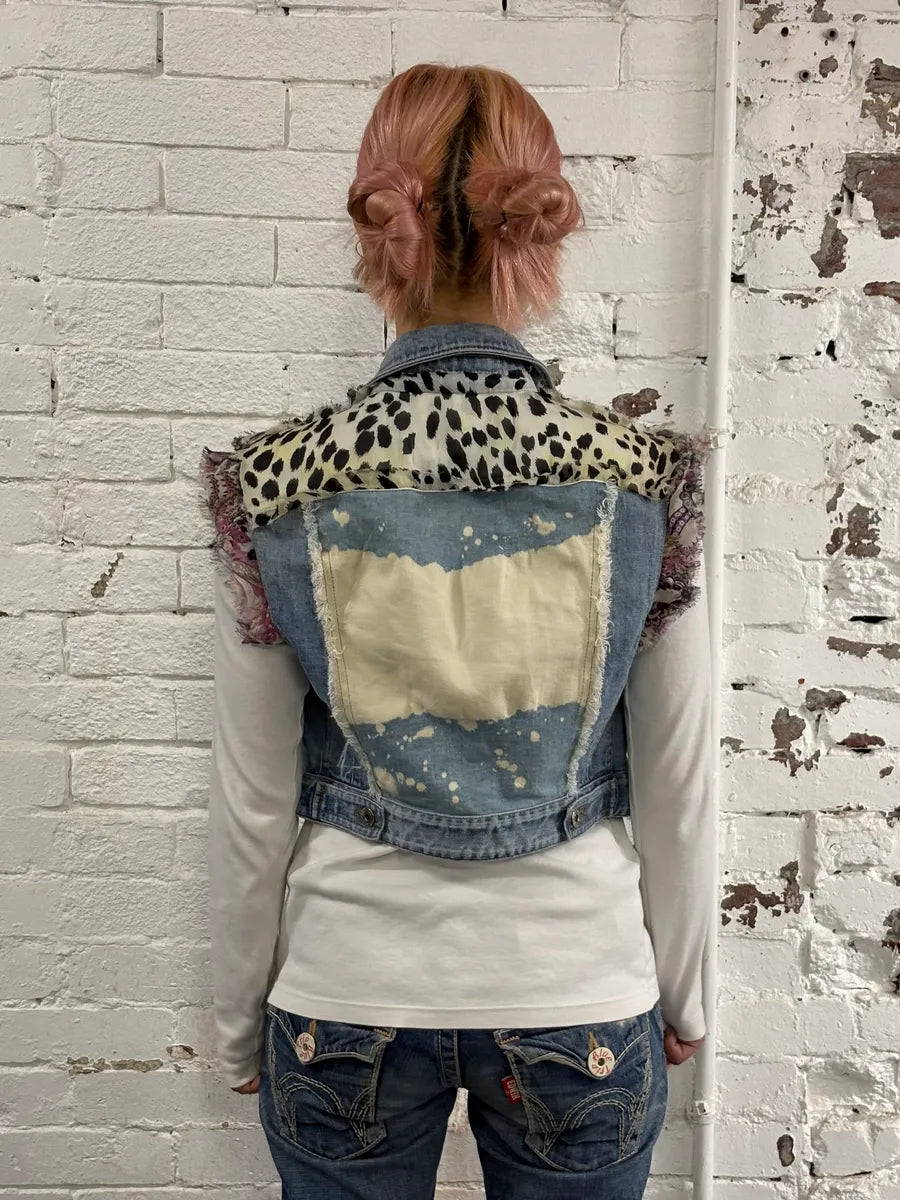 Roberto Cavalli Crop Leopard Distressed Light Blue Denim Vest tGDmZbj 2
