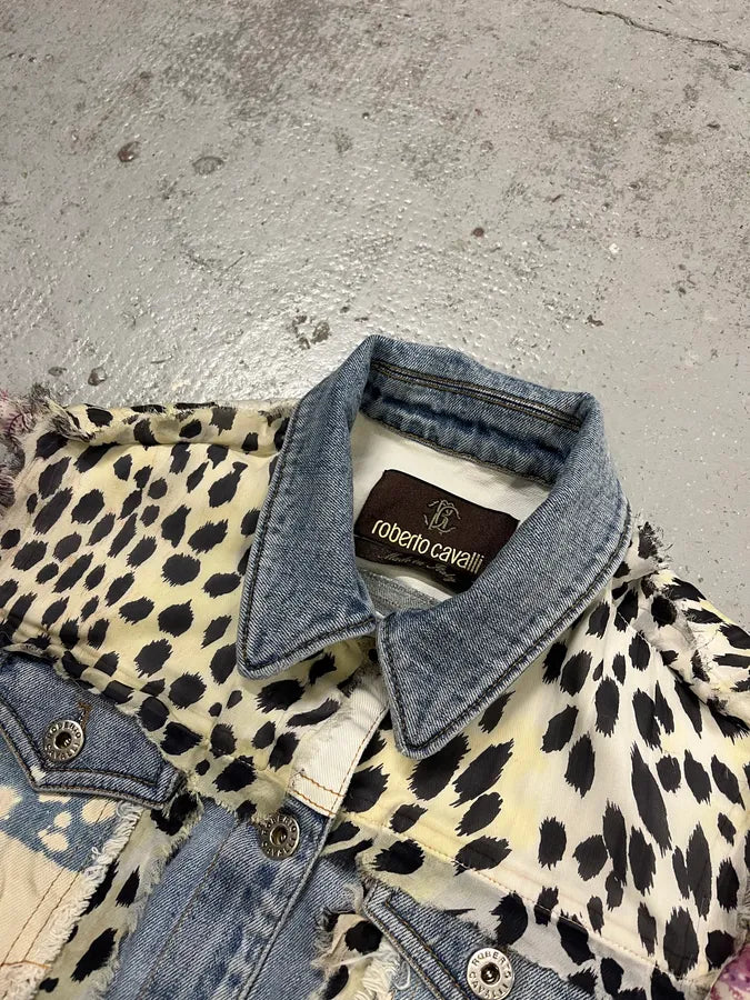 Roberto Cavalli Crop Leopard Distressed Light Blue Denim Vest tGDmZbj 3