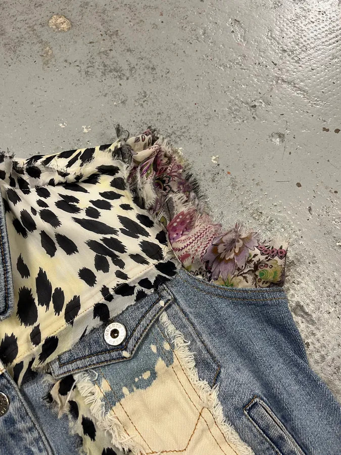 Roberto Cavalli Crop Leopard Distressed Light Blue Denim Vest tGDmZbj 4