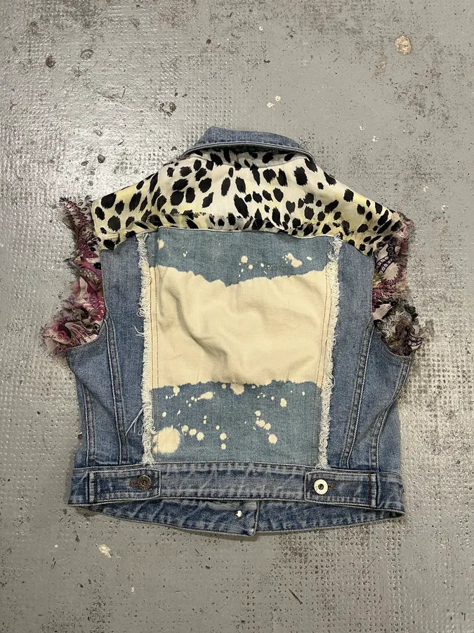 Roberto Cavalli Crop Leopard Distressed Light Blue Denim Vest tGDmZbj 5