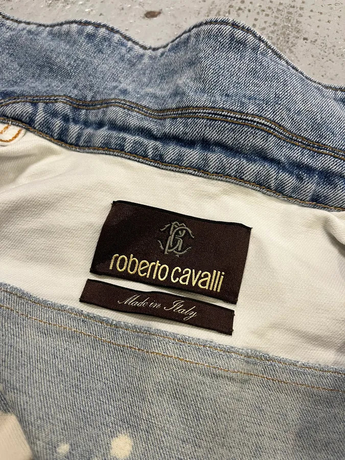 Roberto Cavalli Crop Leopard Distressed Light Blue Denim Vest tGDmZbj 8