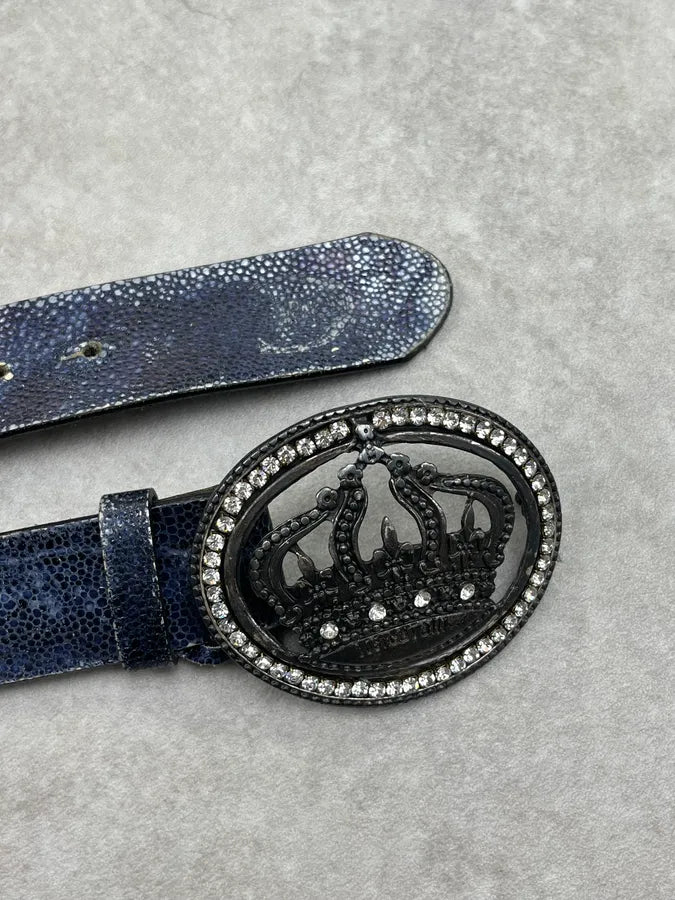 Roberto Cavalli Dark Navy & Silver Leather Studded Buckle Crown Belt GCilghu 3