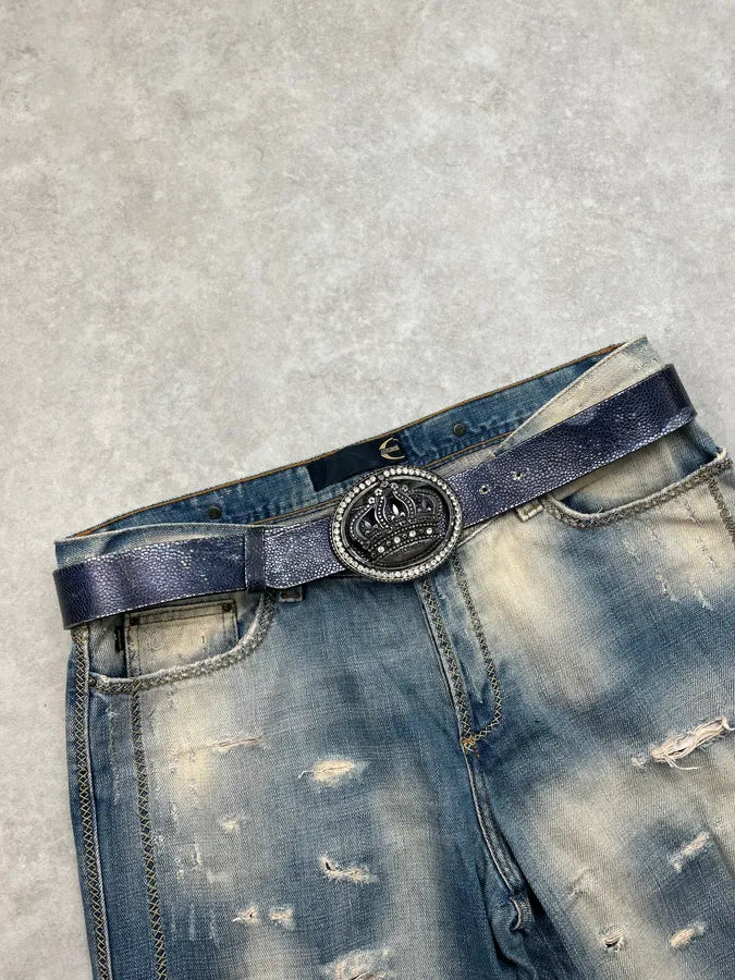 Roberto Cavalli Dark Navy & Silver Leather Studded Buckle Crown Belt GCilghu 0