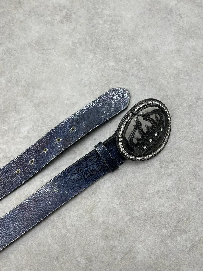 Roberto Cavalli Dark Navy & Silver Leather Studded Buckle Crown Belt GCilghu 2