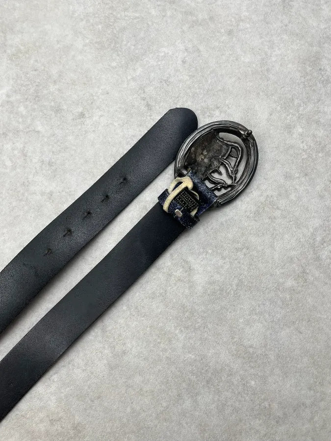 Roberto Cavalli Dark Navy & Silver Leather Studded Buckle Crown Belt GCilghu 4