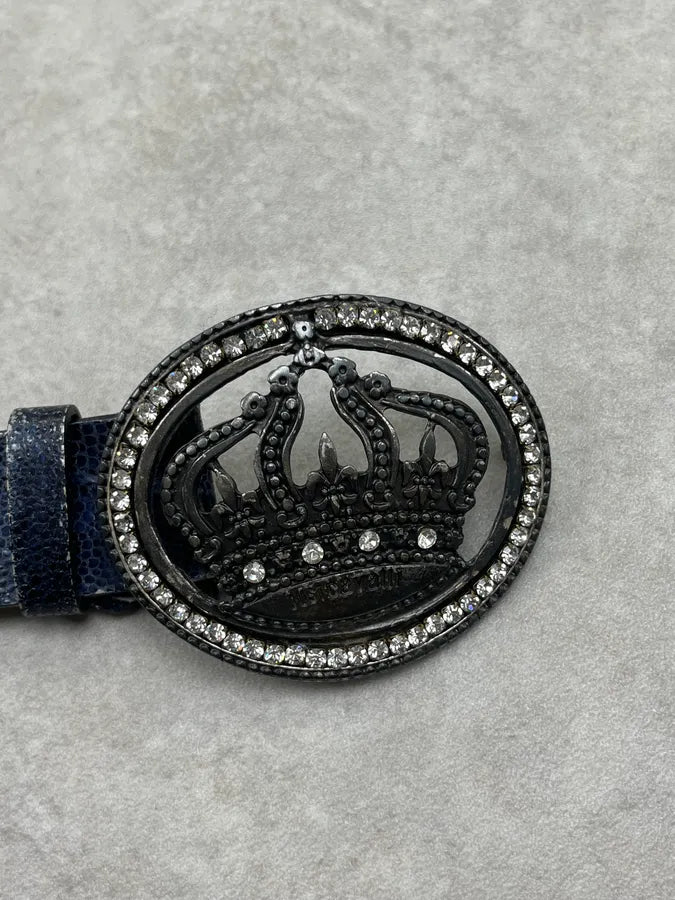 Roberto Cavalli Dark Navy & Silver Leather Studded Buckle Crown Belt GCilghu 5
